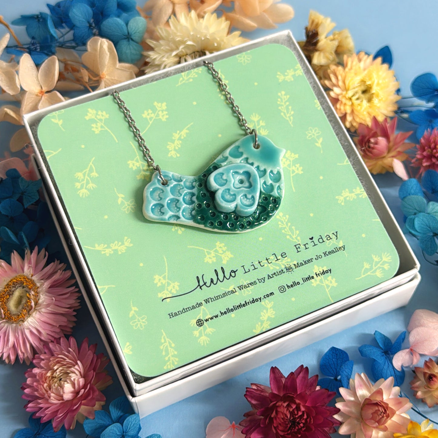 BLUEBIRD Emerald Jade ~ One of a kind : Small Porcelain Pendant handmade by Jo Kealley