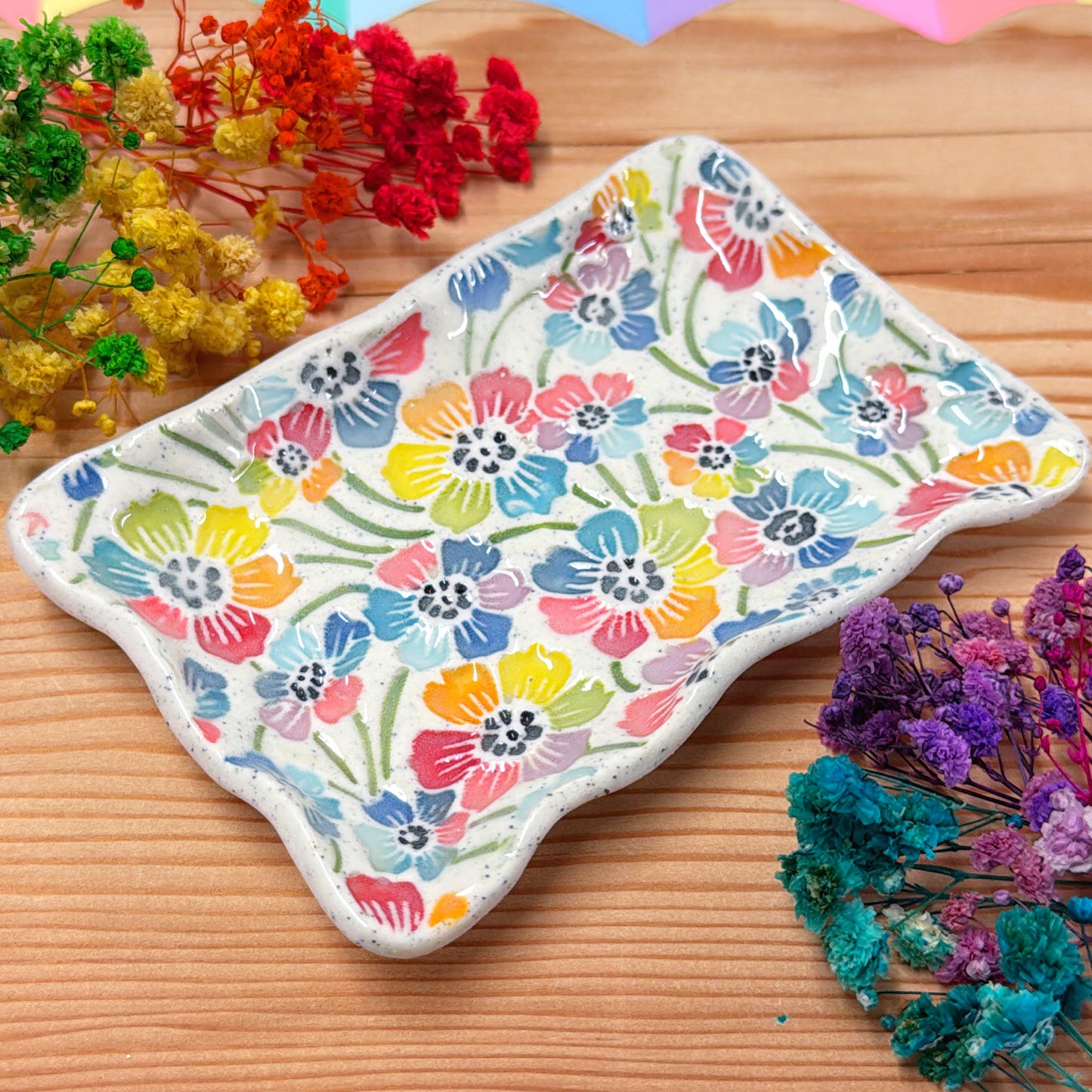 RAINBOW GARDEN ~ Wave-edge Rectangular Tray : Handmade Ceramic Treats & Tapas Dish by Jo Kealley