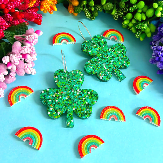 LUCKY CLOVER EMERALD SHAMROCK : Handmade Resin DROP Earrings