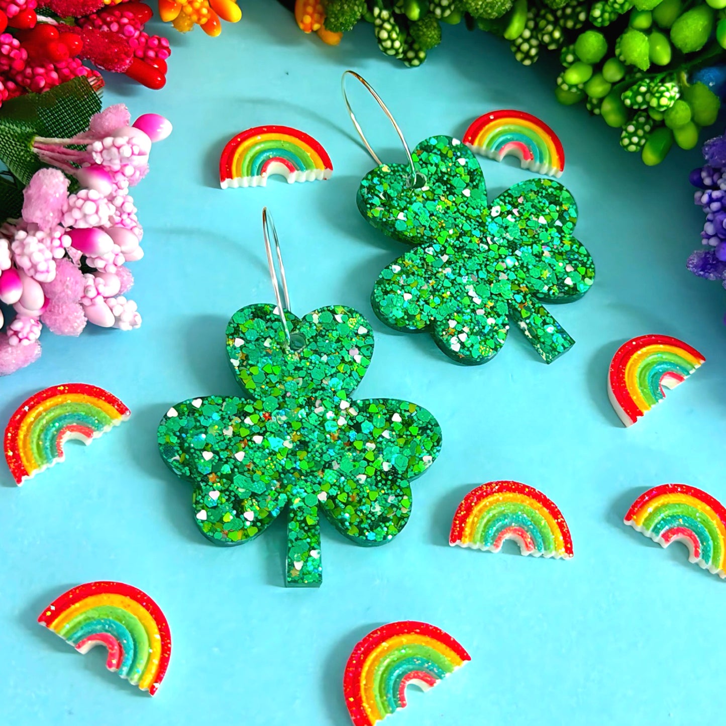 LUCKY CLOVER EMERALD SHAMROCK : Handmade Resin DROP Earrings