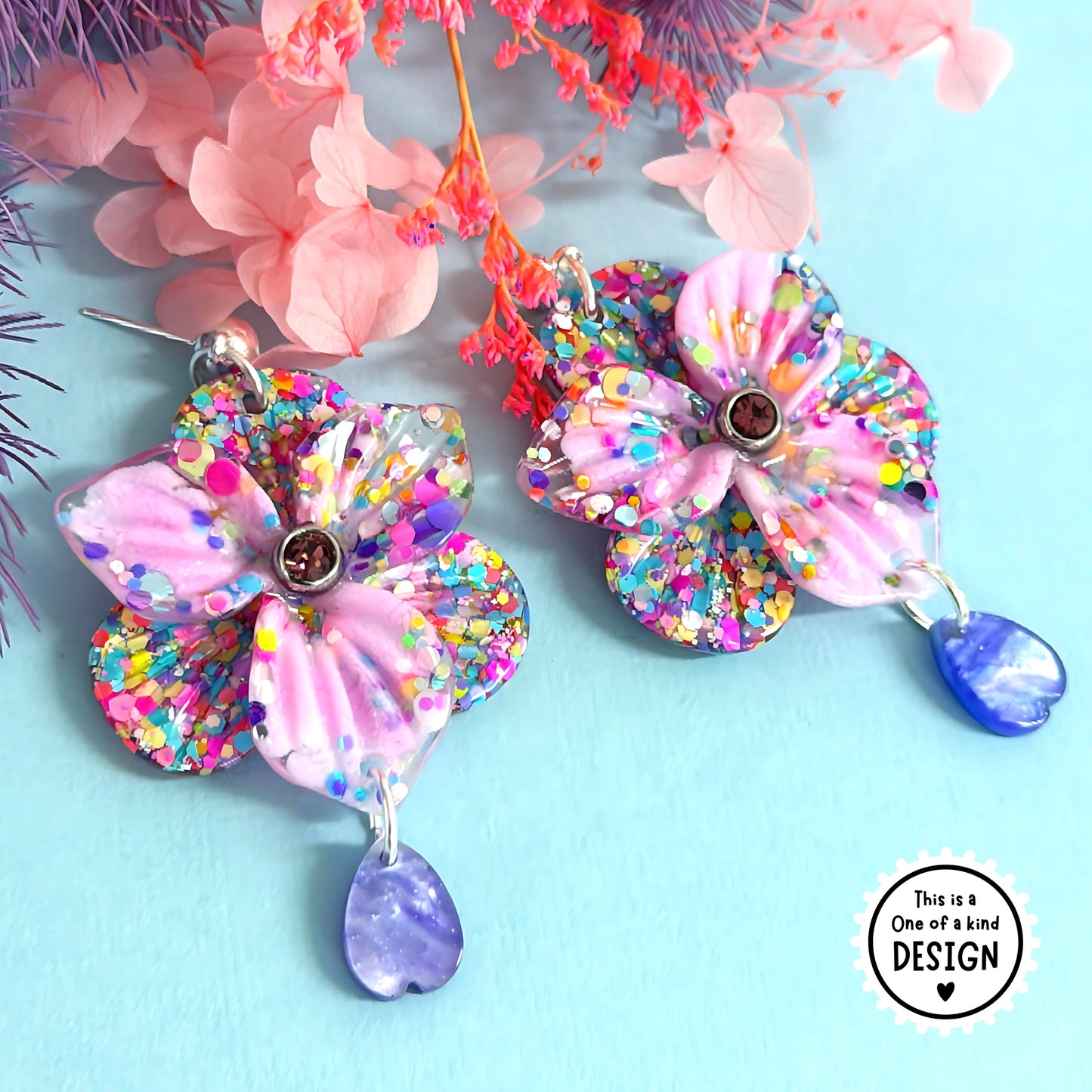 One of a Kind : 3D PANSIES with handset Swarovski centres : Handmade Resin DROP Earrings