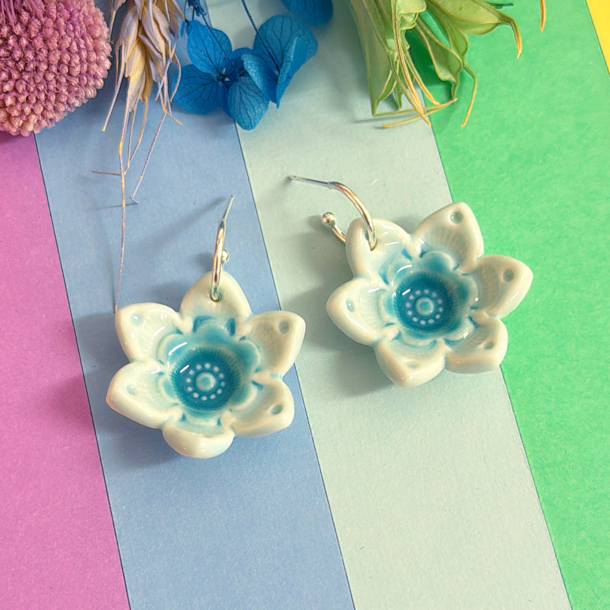 3D STARFLOWERS : Turquoise & Teal ~ PORCELAIN Drop Earrings Handmade by Jo Kealley