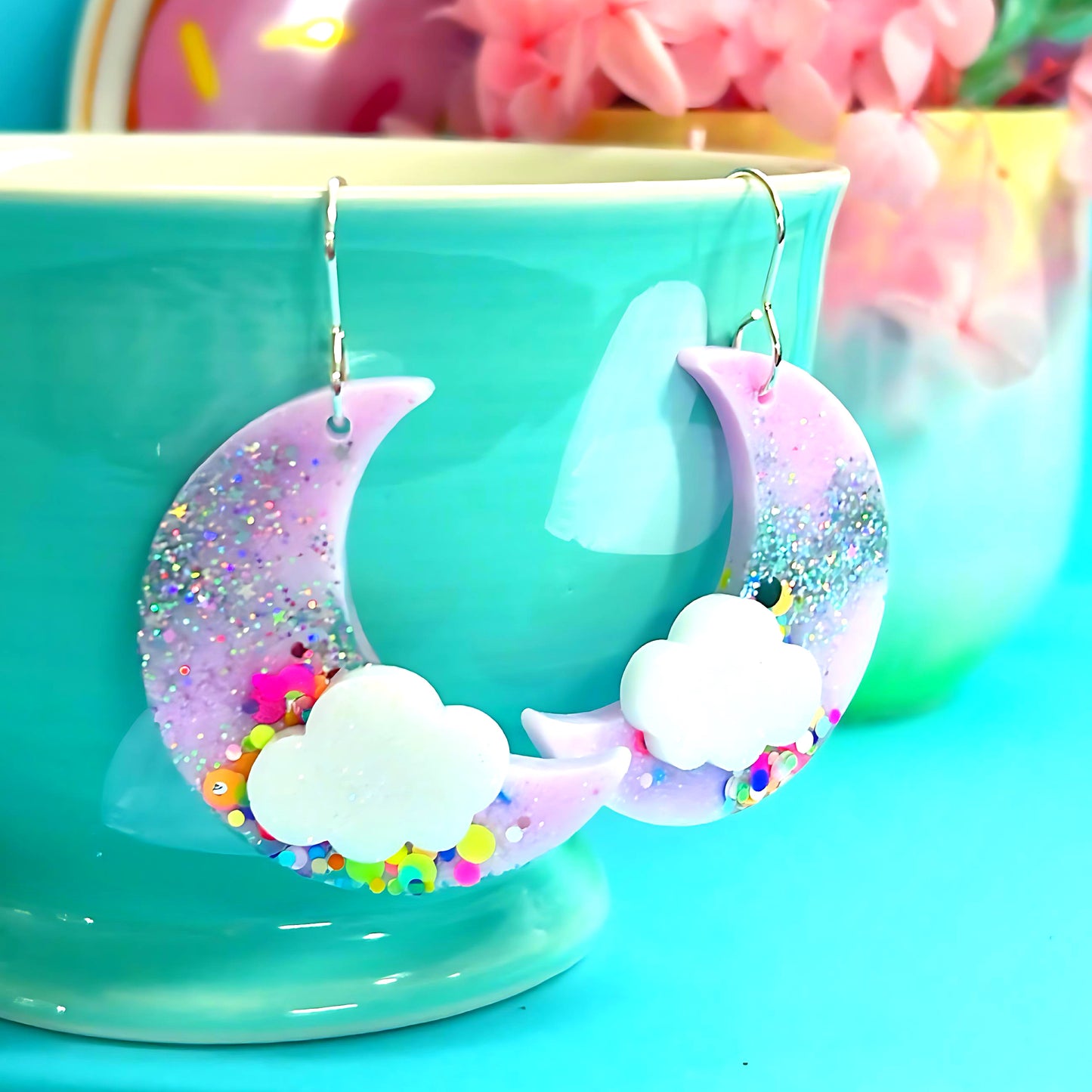 MARSHMALLOW CONFETTI  MOON : Choose medium or large : Handmade Resin DROP Earrings