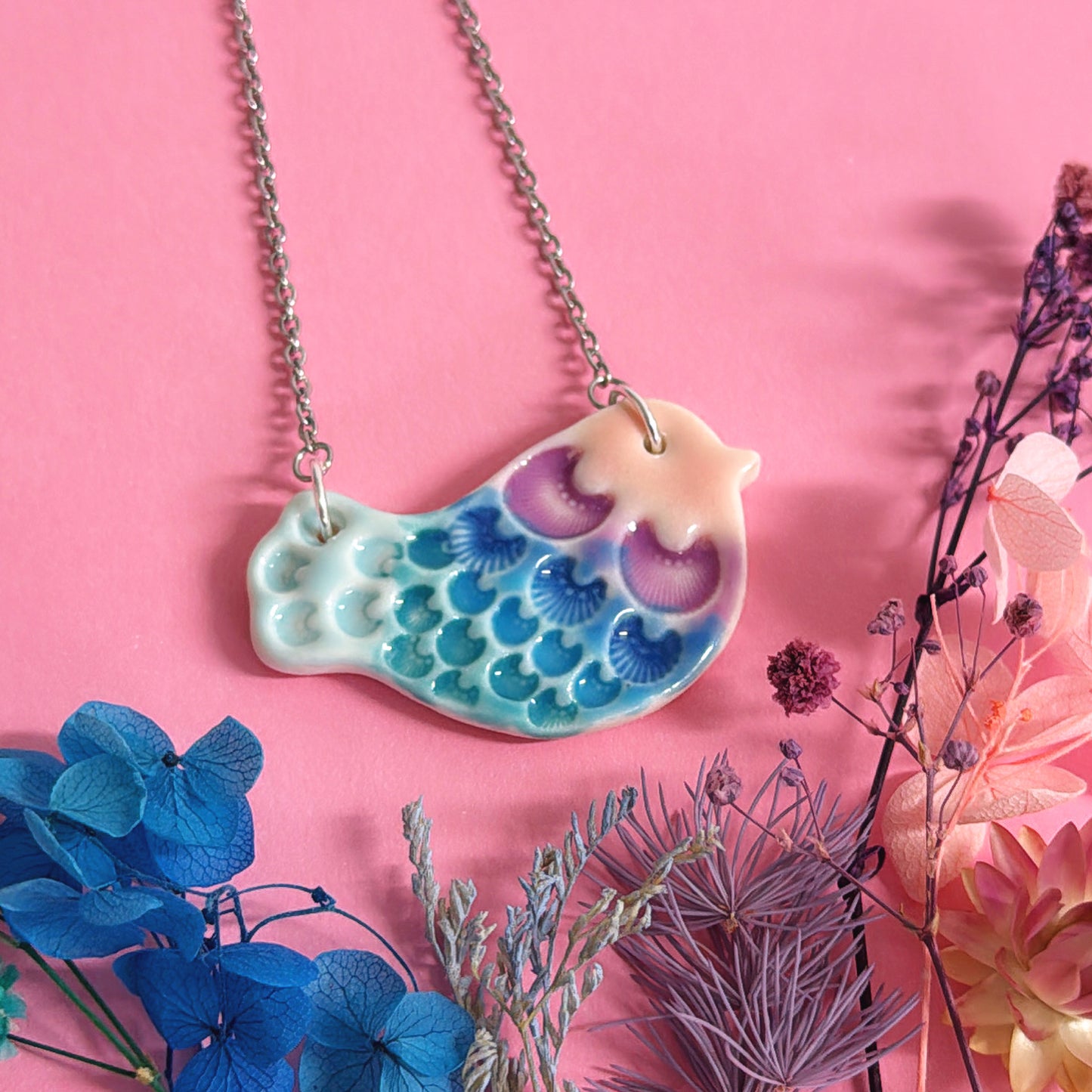 RAINBOW BLUEBIRD ~ One of a kind : Small Porcelain Pendant handmade by Jo Kealley