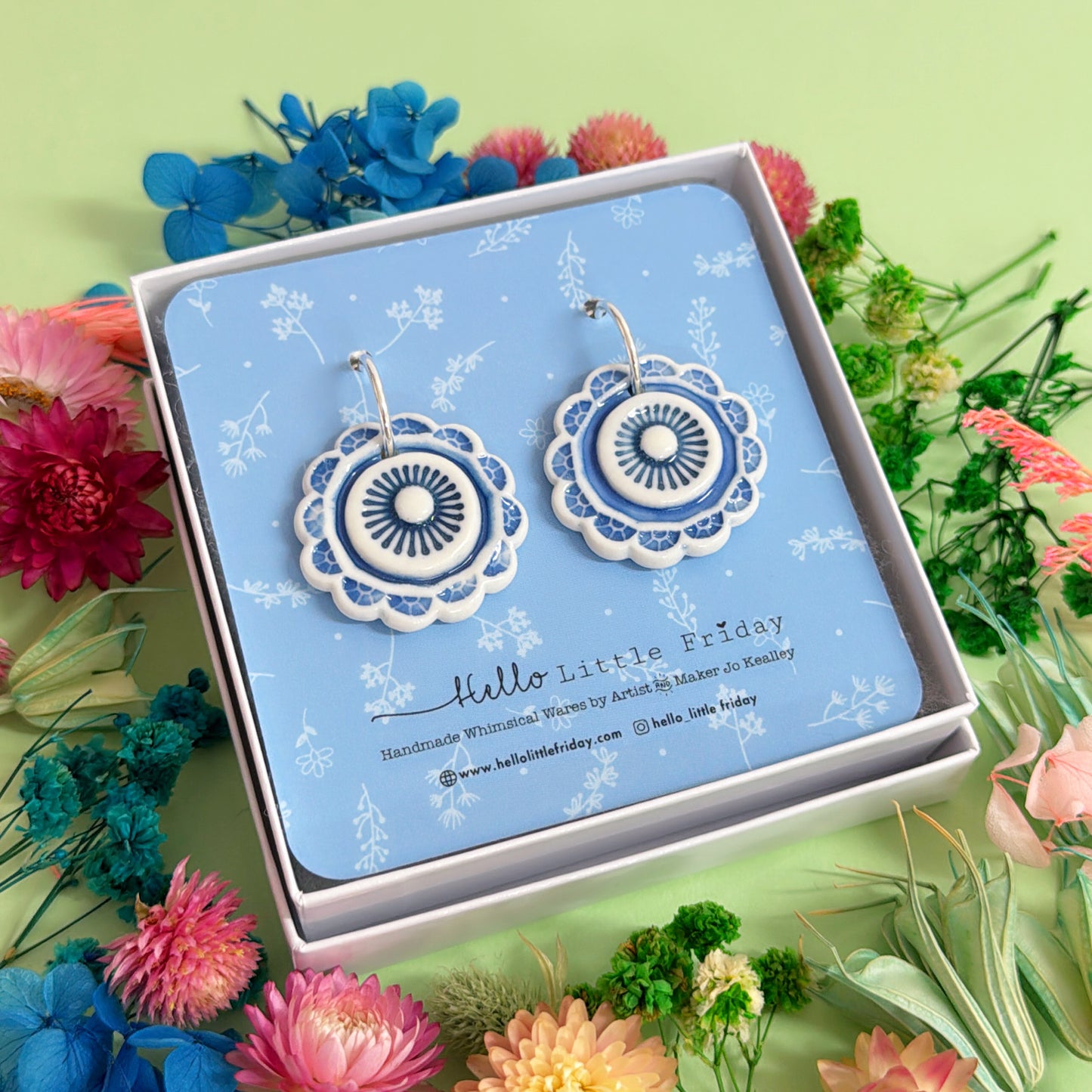 INDIGO BLUE PINWHEELS ~ PORCELAIN Drop Earrings Handmade by Jo Kealley