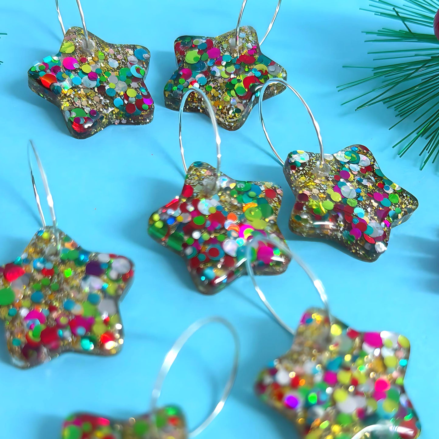 FESTIVE DISCO STARS : Handmade Resin DROP Earrings