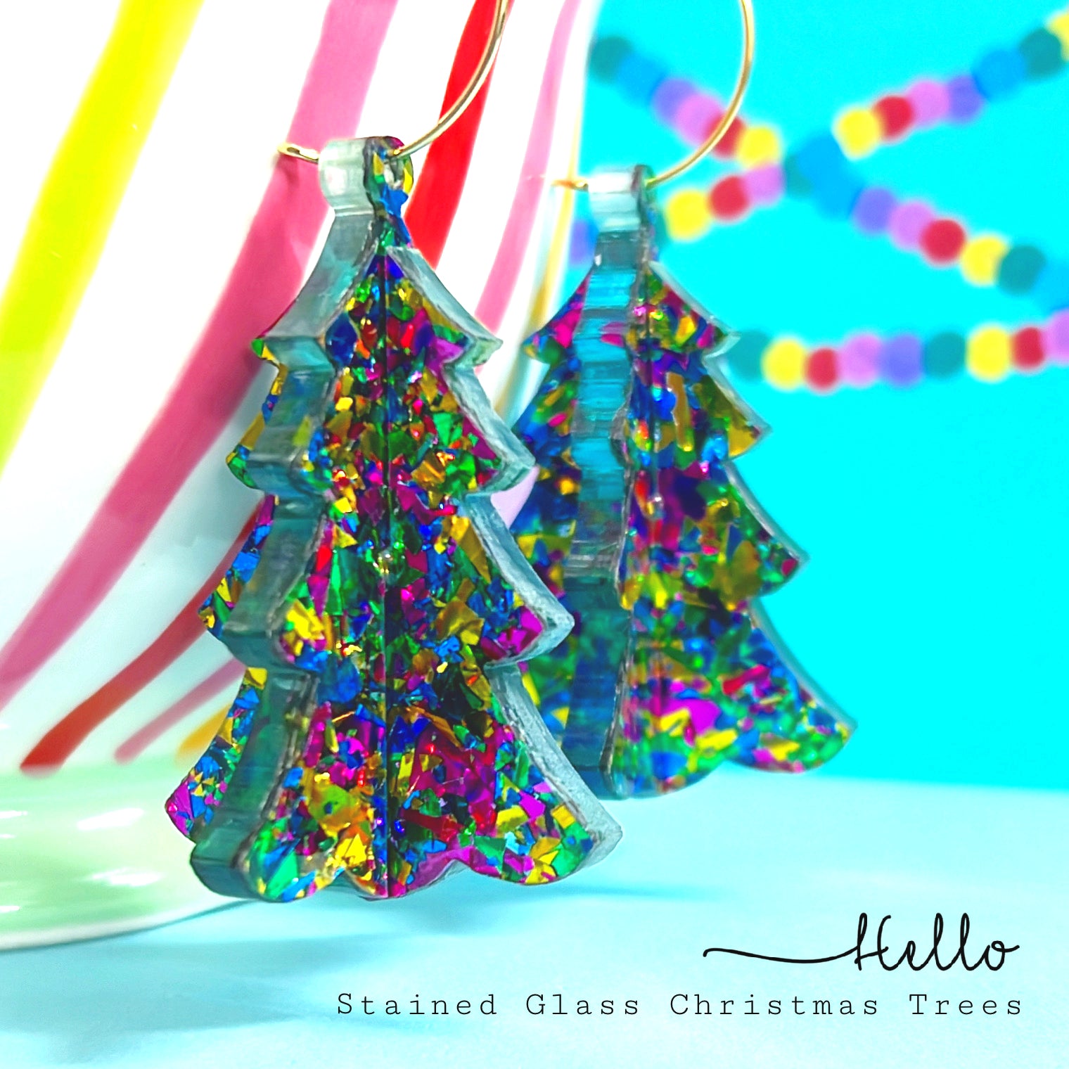 3D STAINED GLASS CHRISTMAS TREE : EMERALD RAINBOW : Handmade Acrylic DROP Earrings