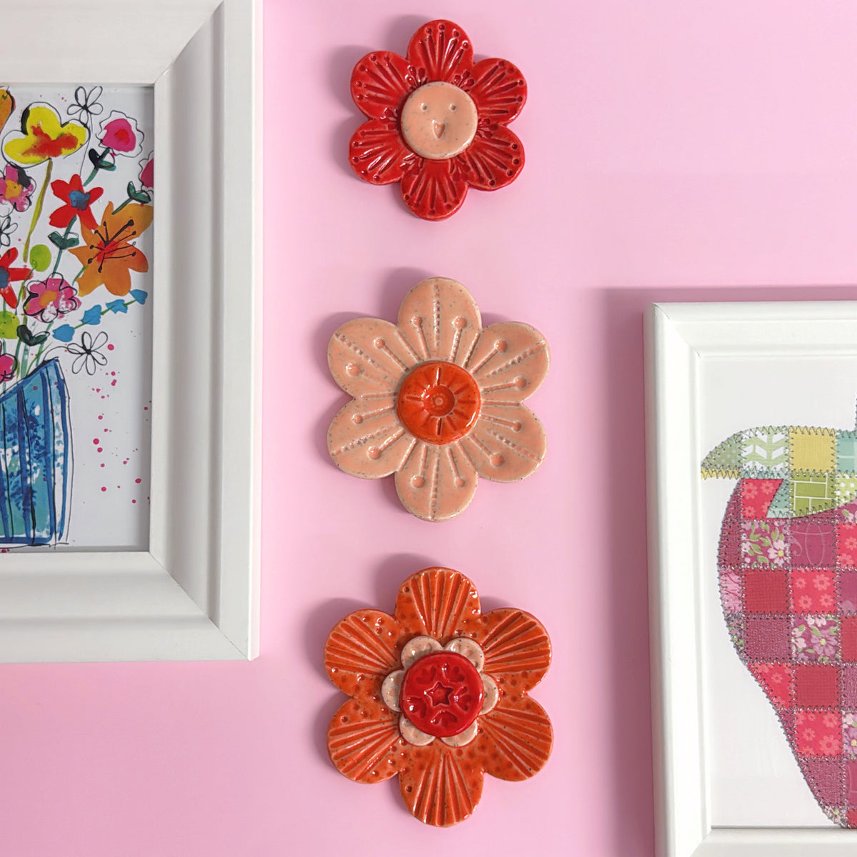 Peach Tangerine & Red WALLFLOWERS Wall Art : Choose your design : Handmade Ceramic Ornaments by Jo Kealley