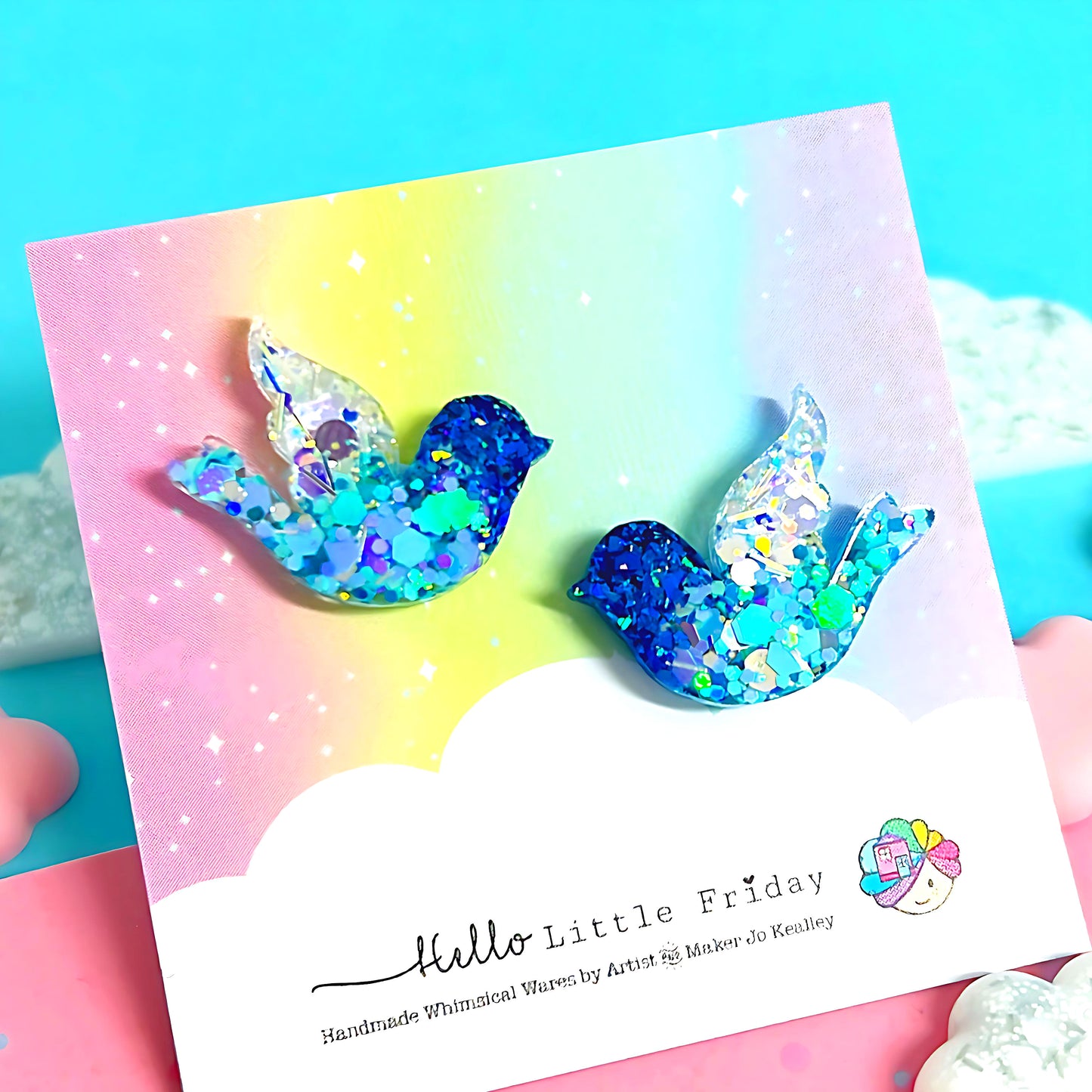 BLUEBIRD OF HAPPINESS : Choose STUD or DROP style: Handmade Holographic Resin Earrings