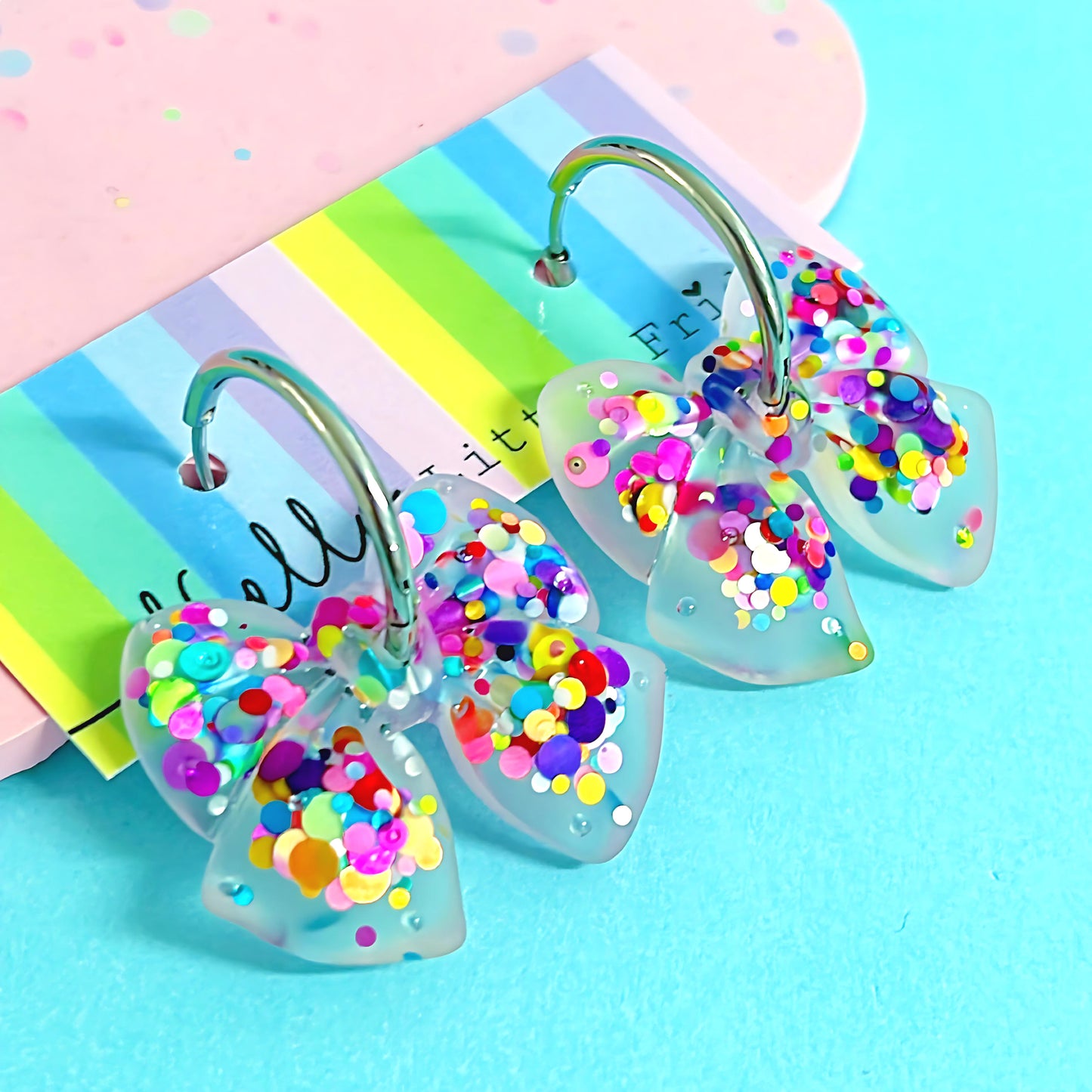 RAINBOW BOWS : Translucent Confetti Bows : Choose your size : Handmade Resin DROP Earrings