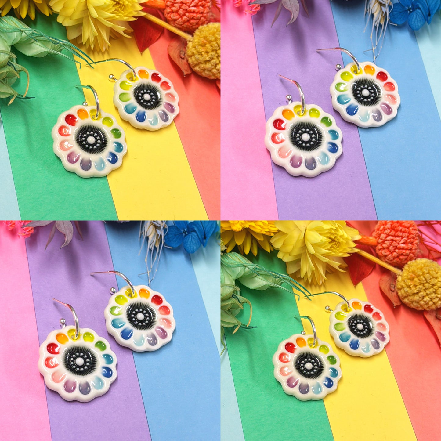 RAINBOW FIELDS : GERBERAS ~ PORCELAIN Drop Earrings Handmade by Jo Kealley