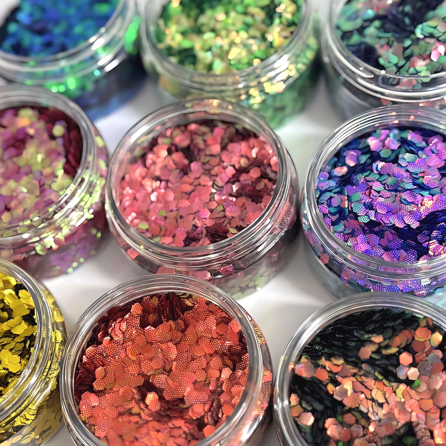 3mm HONEYCOMB HEX HIGH SHINE IRIDESCENT GLITTER : choose you colour : large black jar : Destash item