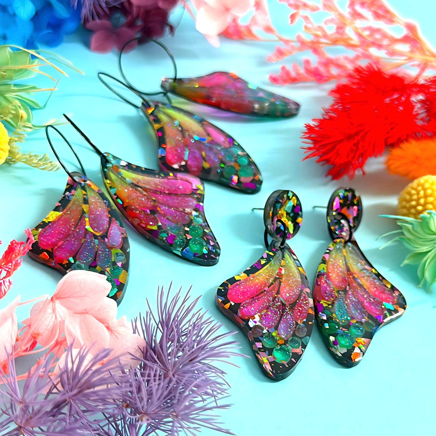 STAINED GLASS EFFECT MAGICAL RAINBOW WINGS : Butterfly Fairy : Handmade Holographic Resin & Acrylic DROP Earrings