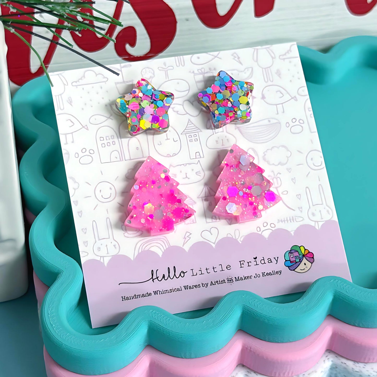 STAR & CHRISTMAS TREE STUD SET : Rainbow  stars + Pink trees : Handmade Resin STUD Earrings