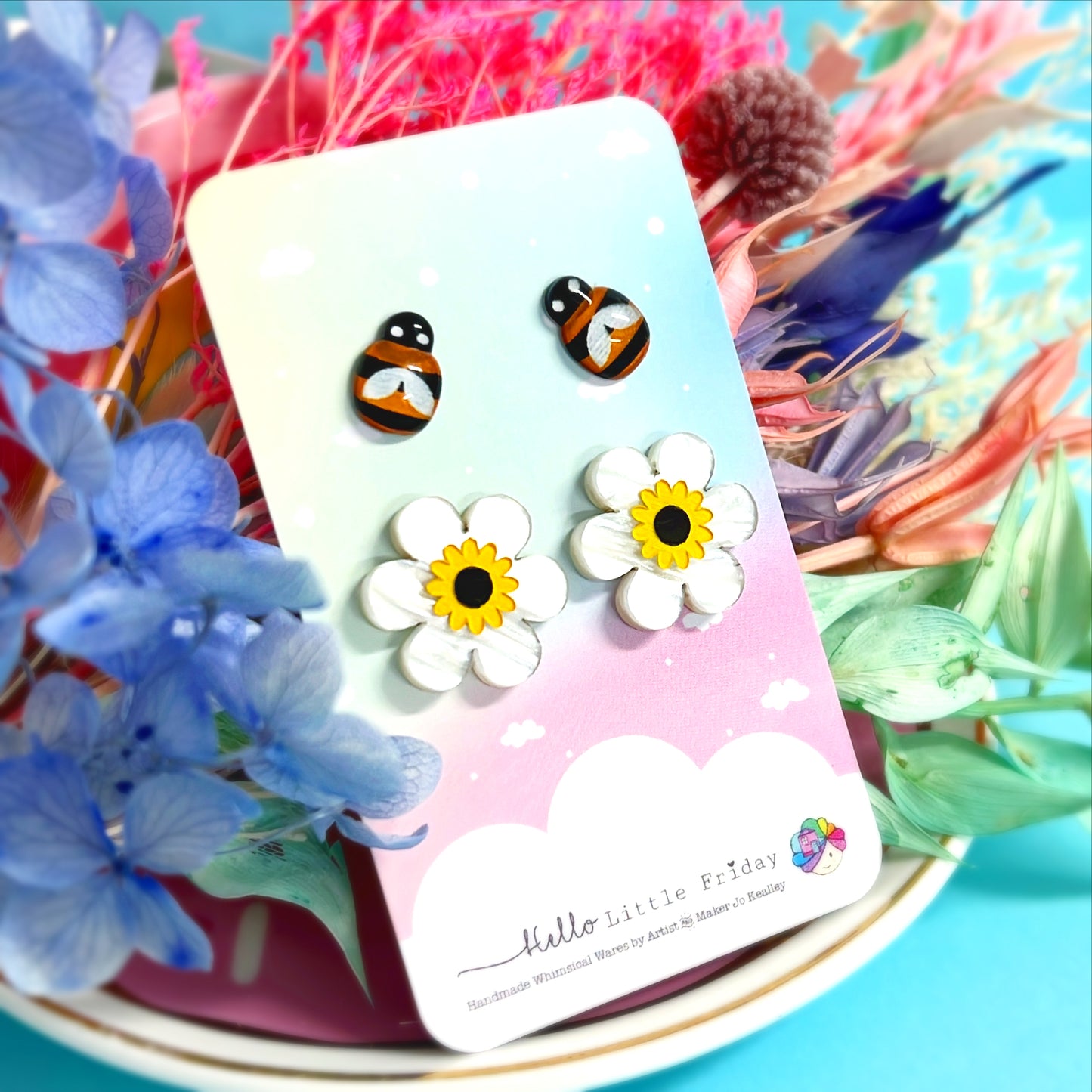 BUZZY BEES & BLOSSOMS SET : Handmade Acrylic STUDS