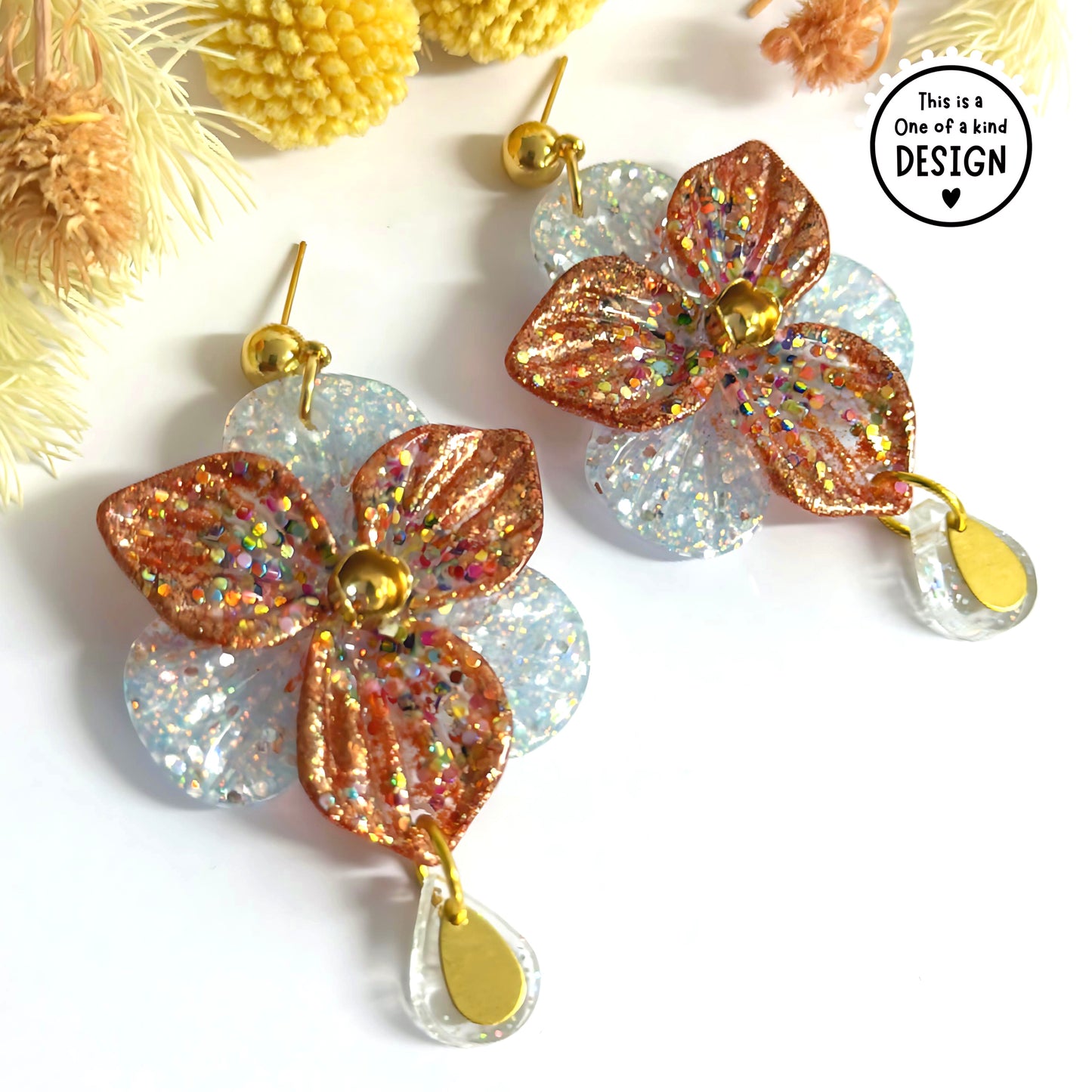 One of a Kind : 3D PANSIES with handset Swarovski centres : Handmade Resin DROP Earrings