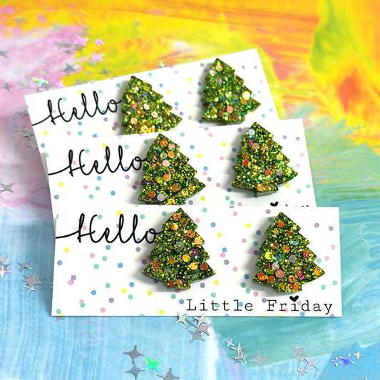 TWINKLING LIGHTS CHRISTMAS TREES : Handmade Resin STUD Earrings