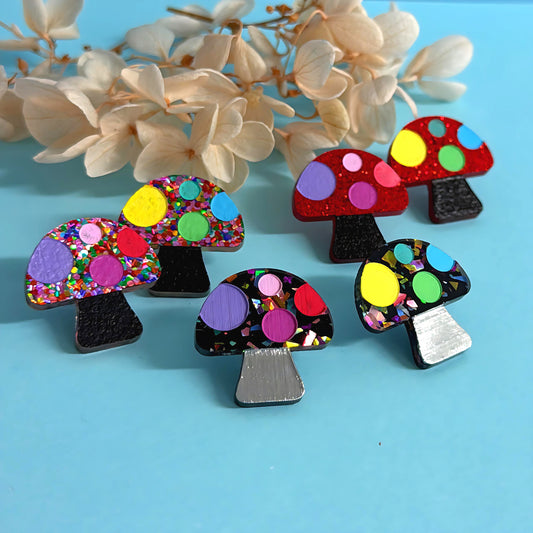 RAINBOW POLKA DOT MUSHROOMS : Choose your colour : Handmade Acrylic STUD Earrings