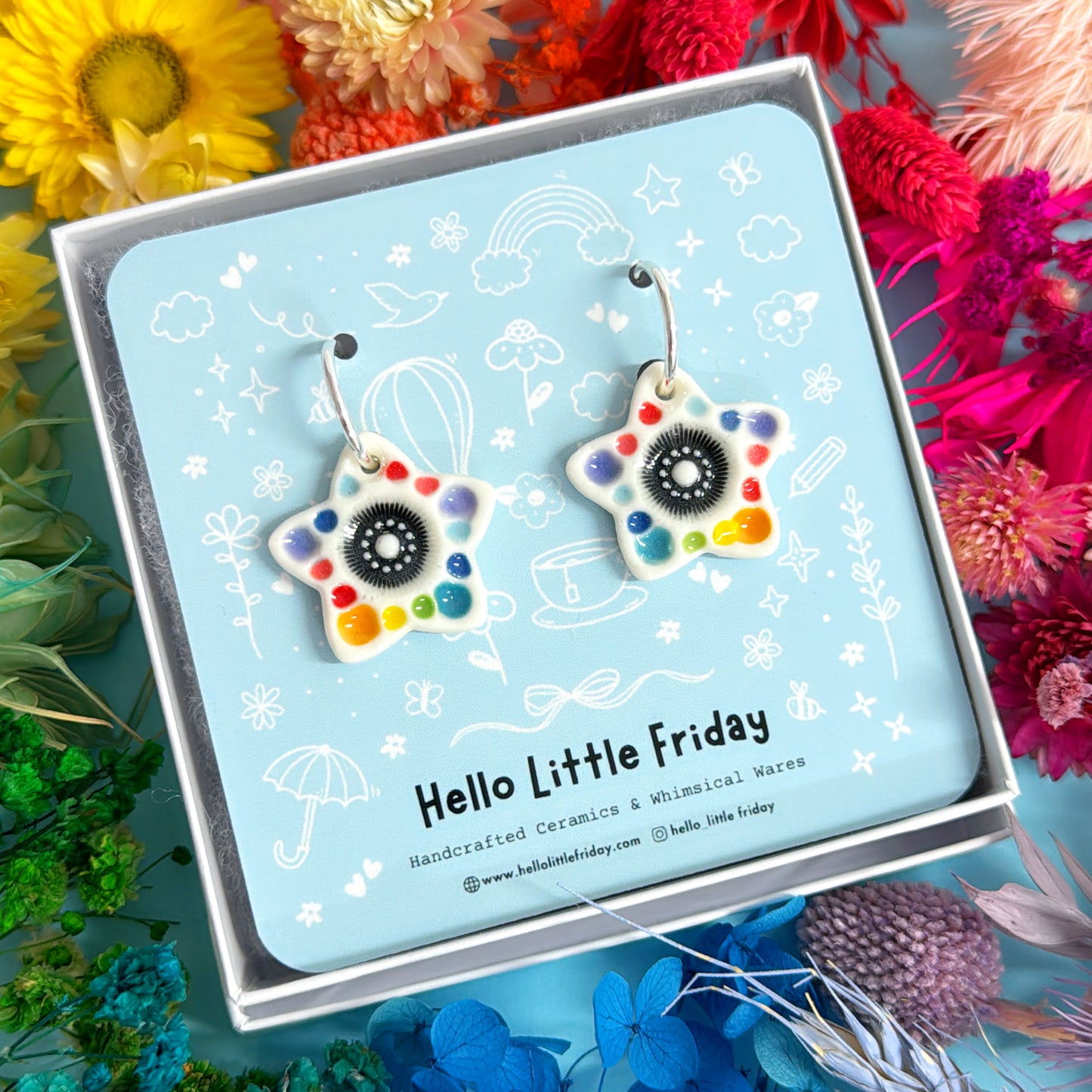 RAINBOW FIELDS : STARFLOWERS ~ PORCELAIN Drop Earrings Handmade by Jo Kealley