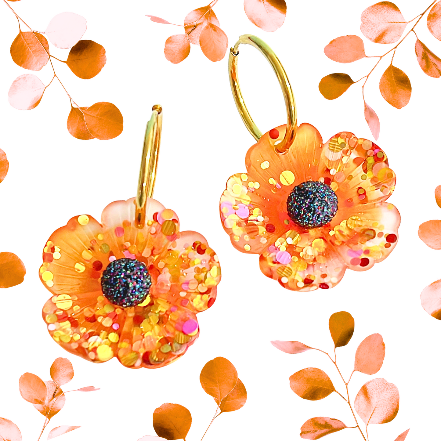 CONFETTI POPPIES : Tangerine : Handmade Resin Drop Earrings on Huggie Hoops