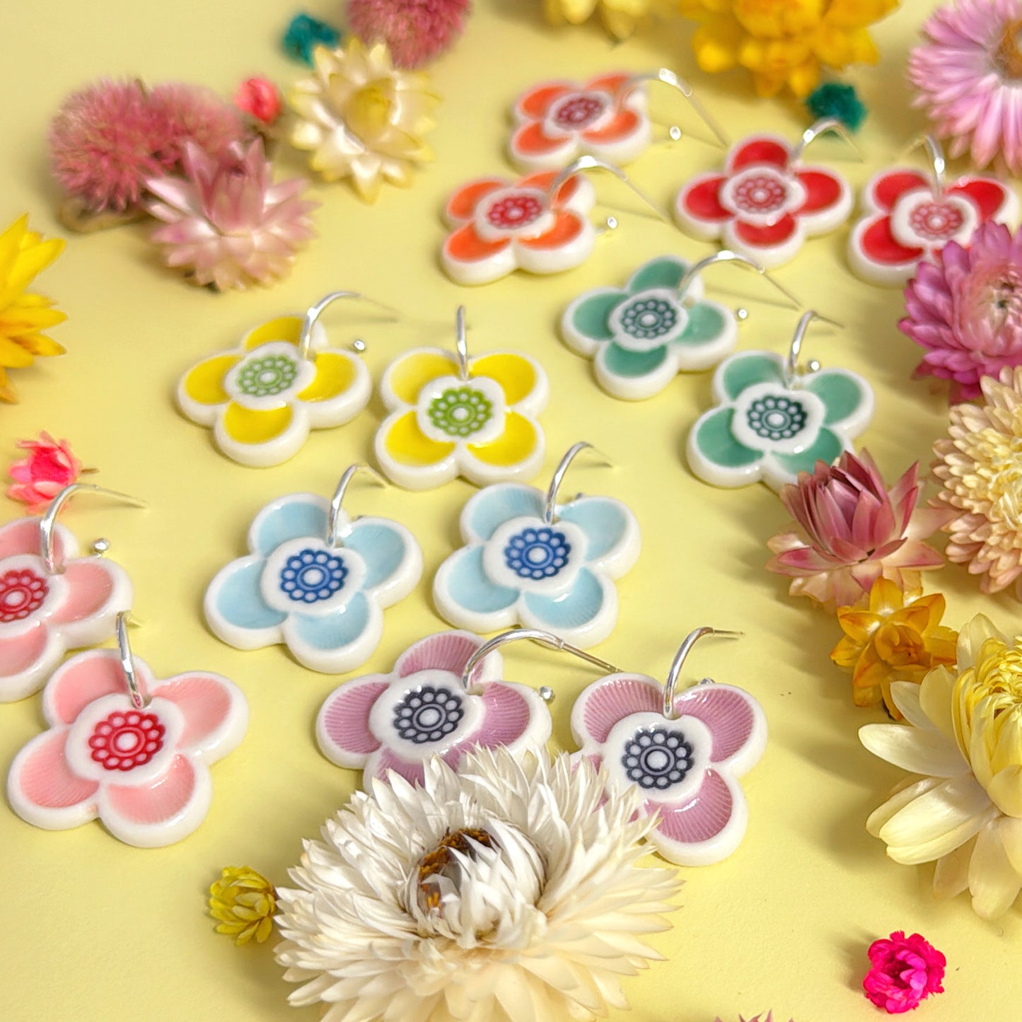 RAINBOW FIELDS : 
LUCKY PETALS ~ Choose your colour : PORCELAIN Drop Earrings by Jo Kealley
