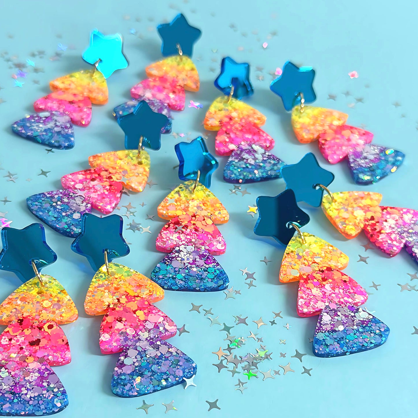 BRIGHT RAINBOW OMBRÈ CHRISTMAS TREES : Handmade Resin & Acrylic Stud-top DROP Earrings