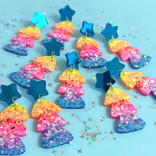 BRIGHT RAINBOW OMBRÈ CHRISTMAS TREES : Handmade Resin & Acrylic Stud-top DROP Earrings