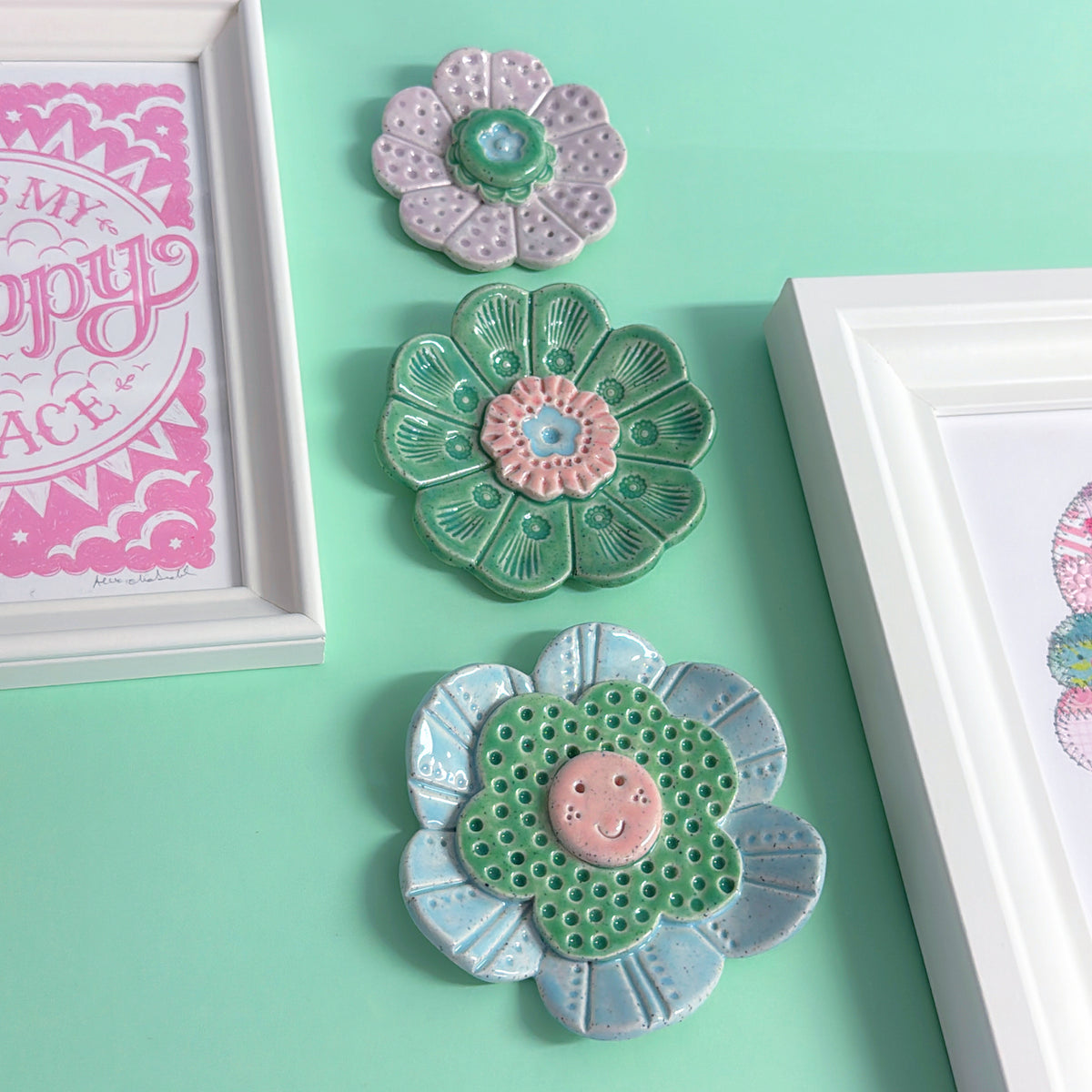 Mint Green 💚 Pink & Baby Blue WALLFLOWERS Wall Art : Choose your design : Handmade Ceramic Ornaments by Jo Kealley