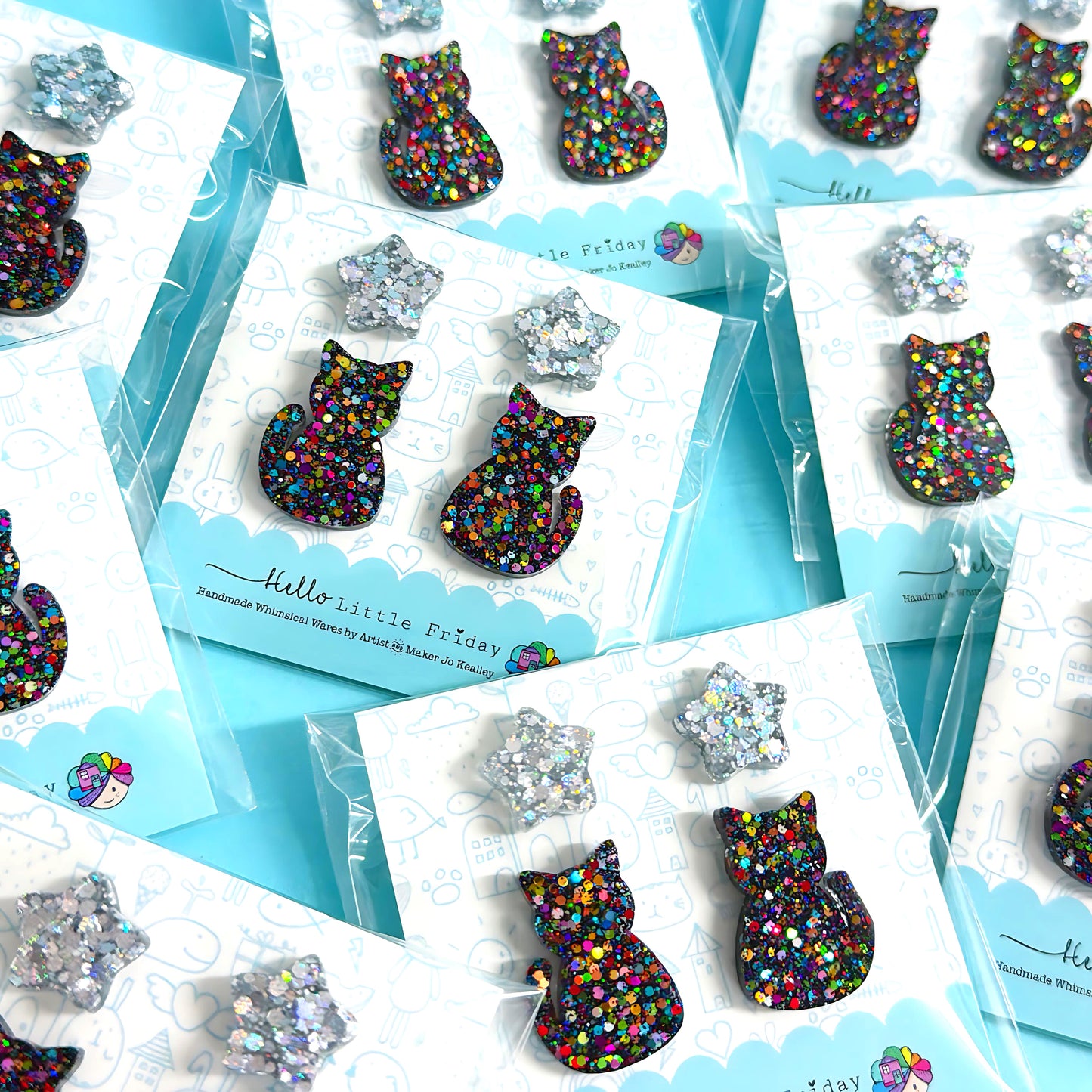 MIDNIGHT RAINBOW KITTY & HOLOGRAPHIC SILVER STAR STUD SET : SPOOKY : Halloween : Handmade Resin STUD Earrings