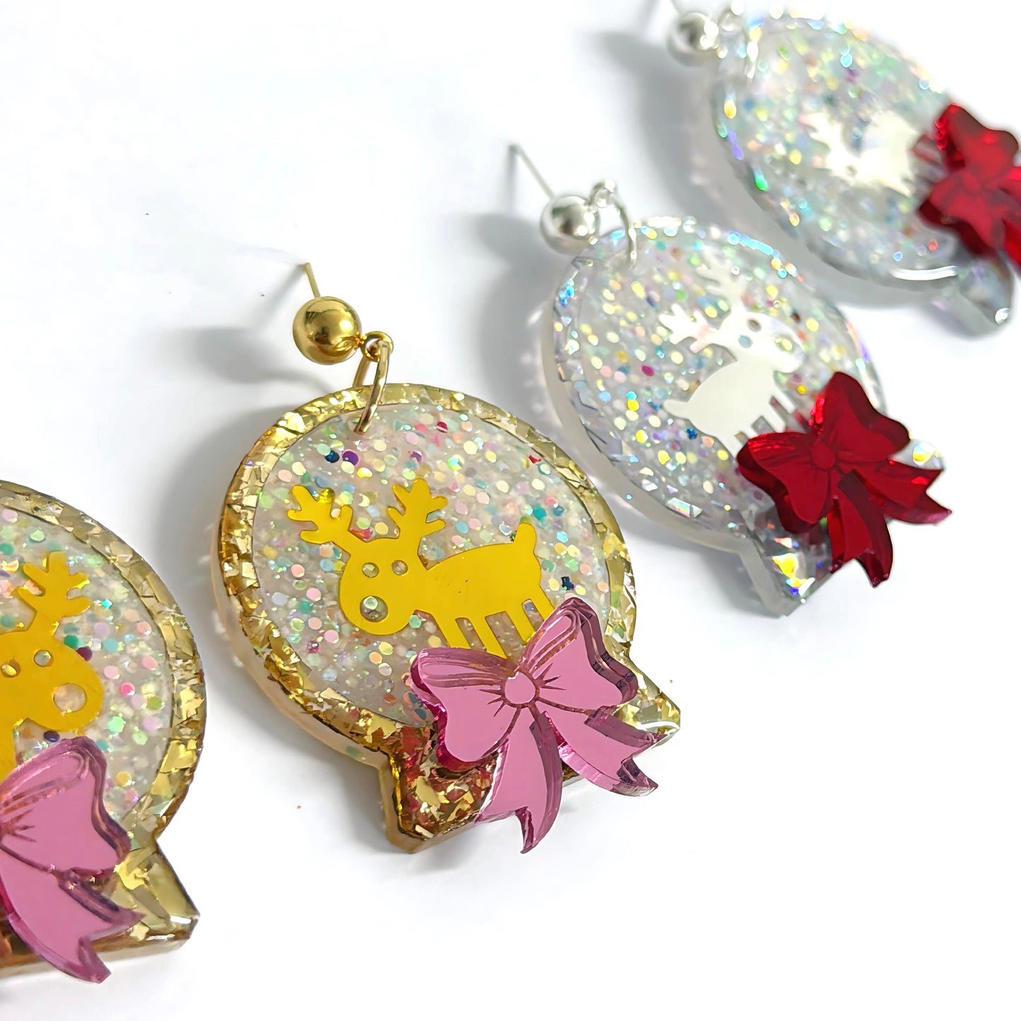 REINDEER SNOW GLOBES : Handmade Resin & Acrylic Stud-top DROP Earrings