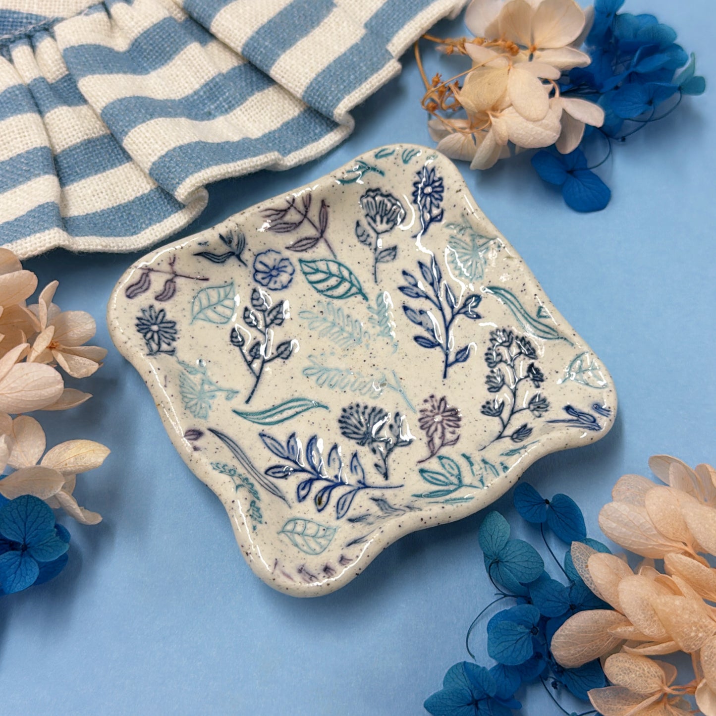 JO’S GARDEN 💙 Wave-edge Square Dish 🩵 Handmade Ceramic Treats & Tapas Dish by Jo Kealley