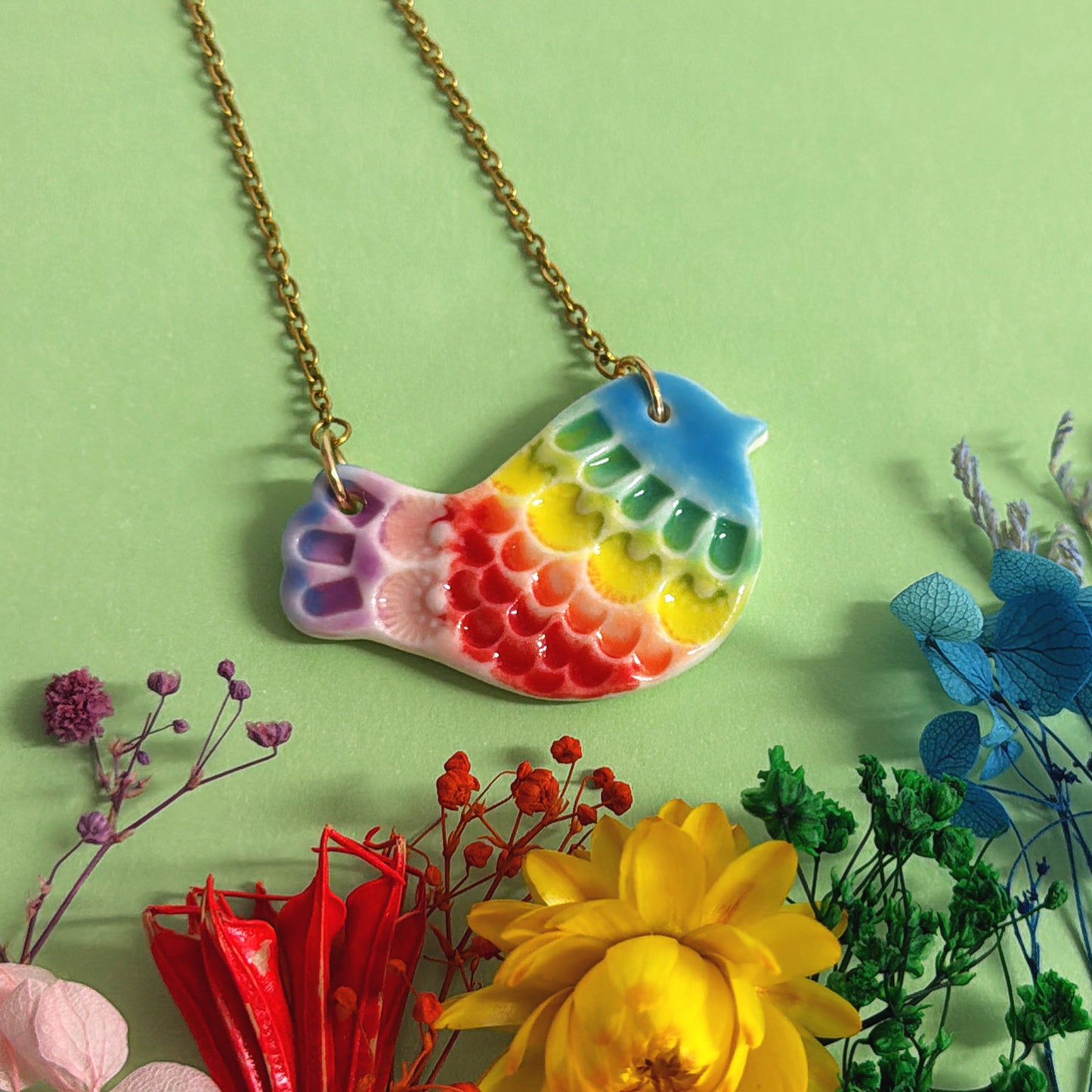 RAINBOW BLUEBIRD ~ One of a kind : Small Porcelain Pendant handmade by Jo Kealley