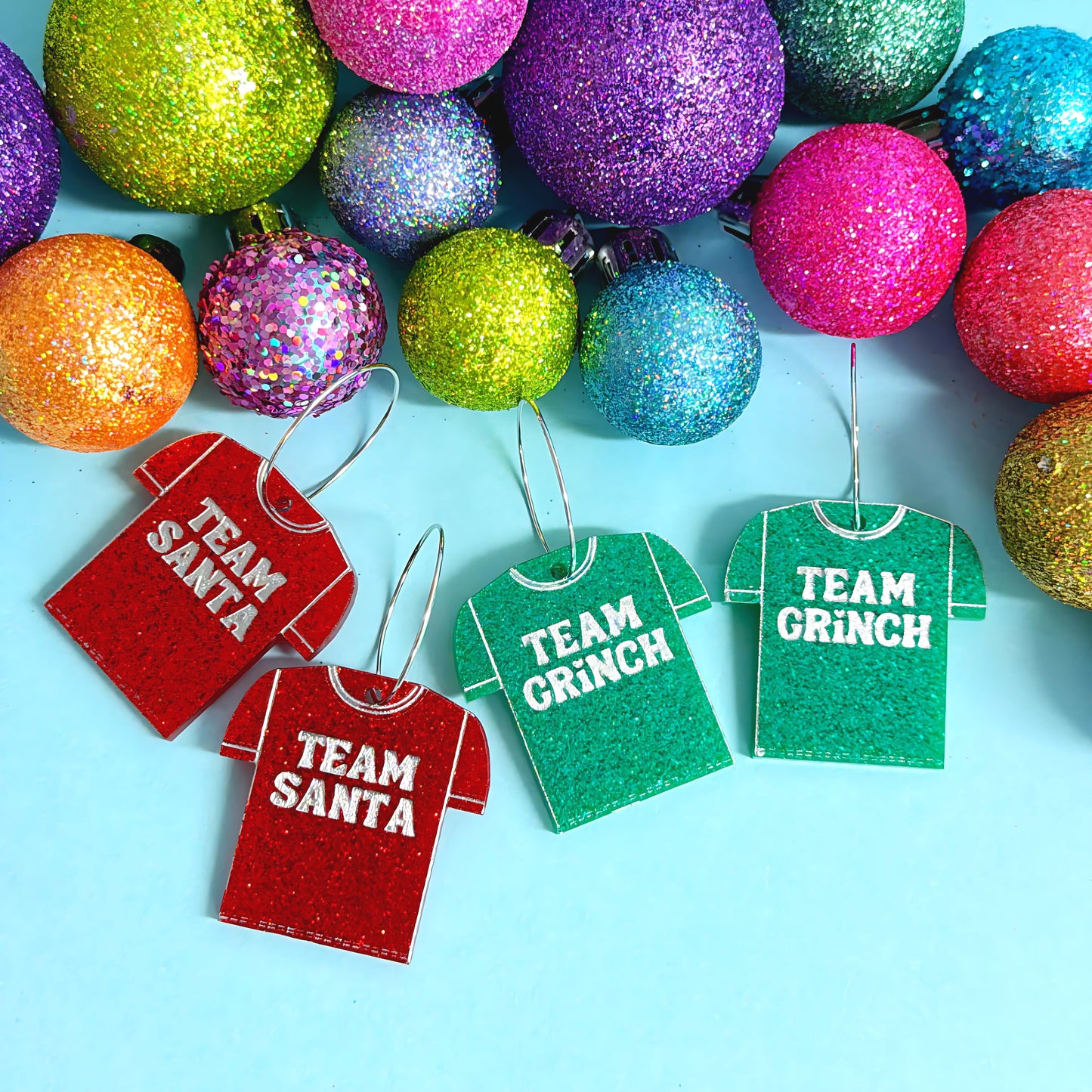 CHRISTMAS TEES : SANTA OR GRINCH : Choose your team : Handmade Acrylic DROP Earrings