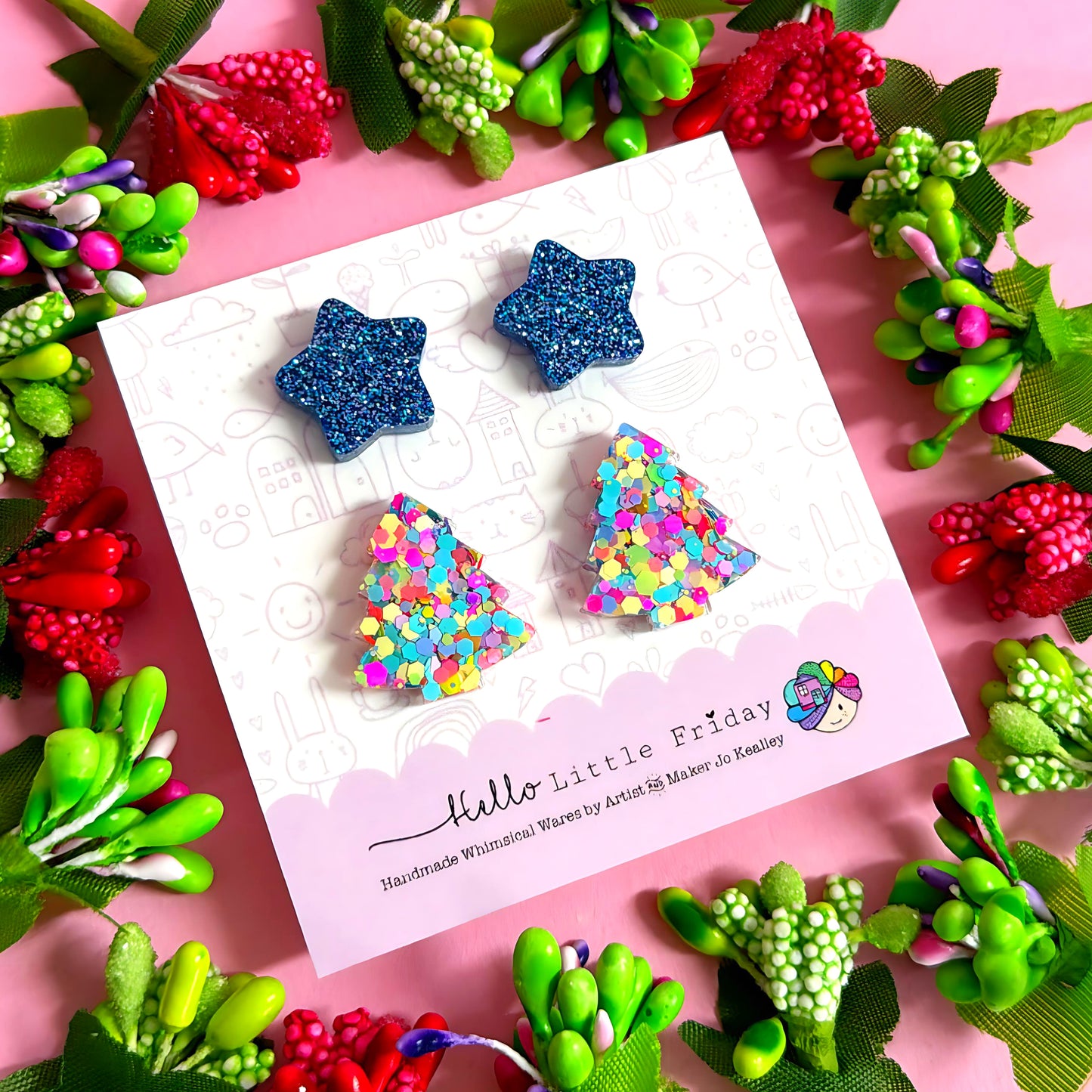 STAR & CHRISTMAS TREE STUD SET : Aqua shimmer stars + Confetti rainbow trees : Handmade Resin STUD Earrings