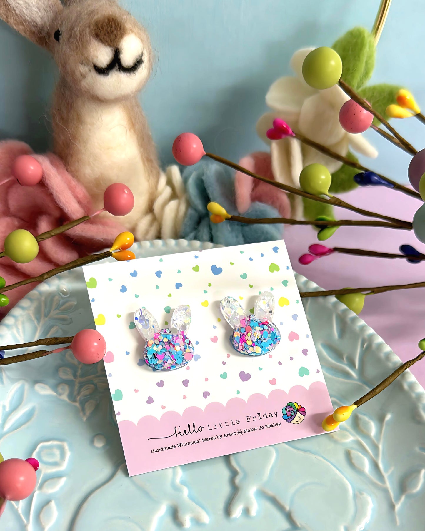 CONFETTI SHIMMER : BUNNY FACES : Handmade Resin Studs