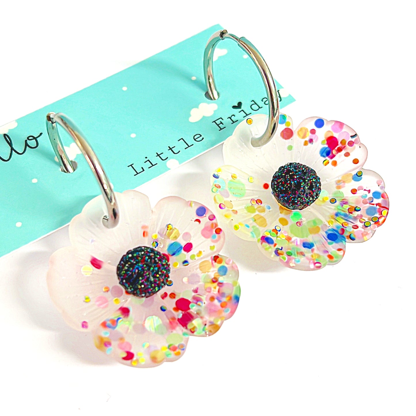 One of a kind colours : CONFETTI POPPIES : Choose your colour : Handmade Resin Drop Earrings on Huggie Hoops