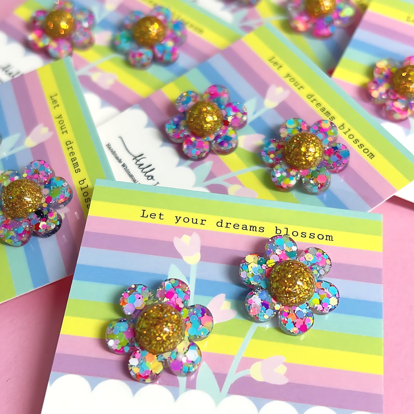 Last pair : LET YOUR DREAMS BLOSSOM : GOLD CONFETTI RAINBOW : Handmade Resin STUD Earrings