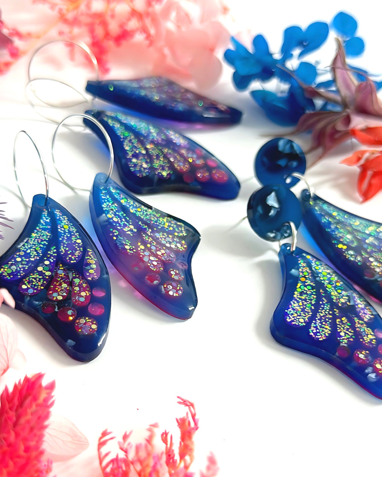 STAINED GLASS EFFECT IRIDESCENT WINGS : Butterfly Fairy : Handmade Holographic Resin & Acrylic DROP Earrings