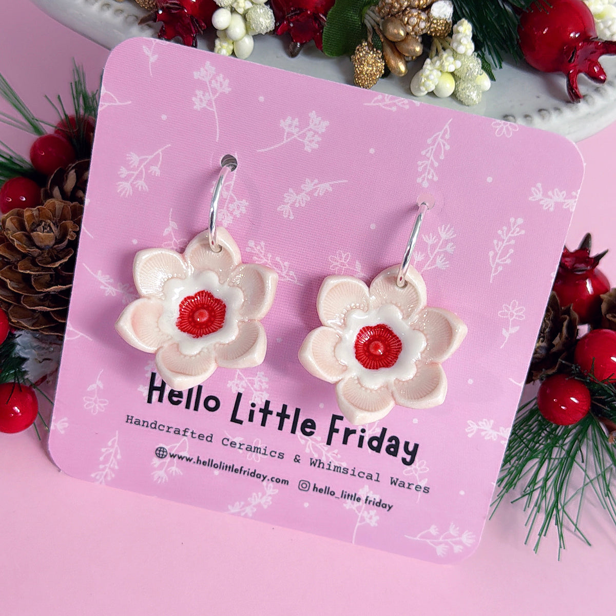 CHRISTMAS STARFLOWERS Hollyberry : PORCELAIN Drop Earrings Handmade by Jo Kealley