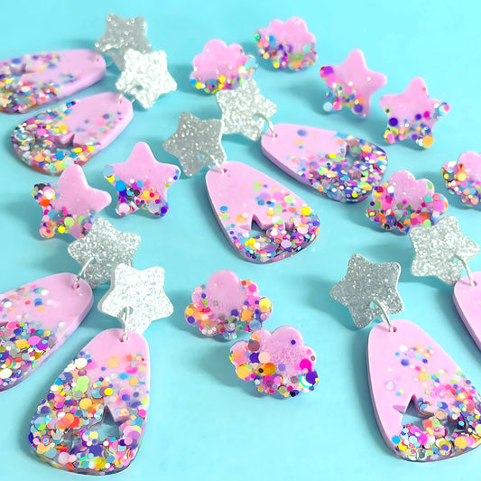 WE ARE MADE OF STARDUST : FUNFETTI MARSHMALLOW PINK RAINBOW : Handmade Resin & Acrylic STUD-TOP DROP Earrings