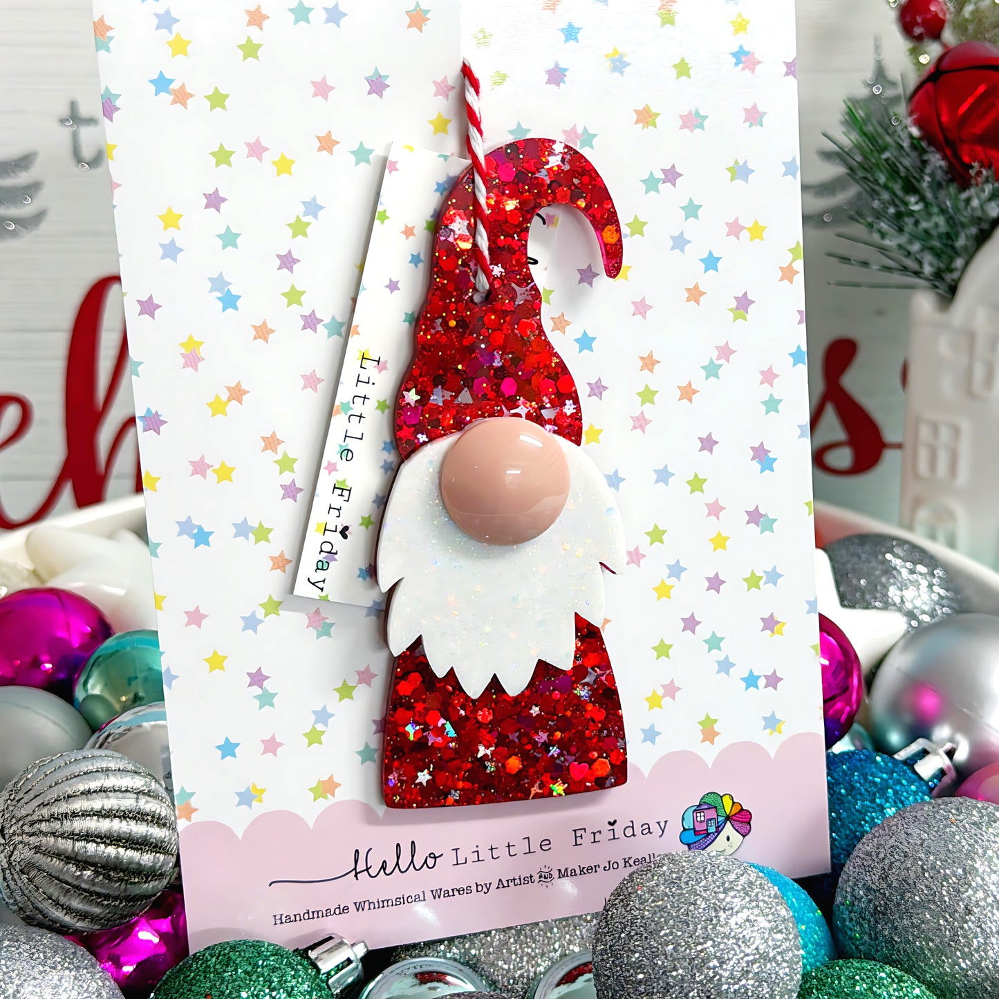 SANTA GNOME : SHIMMERING RUBY RED : Christmas Decoration & Keepsake : Handmade Cast Resin ARTWARES