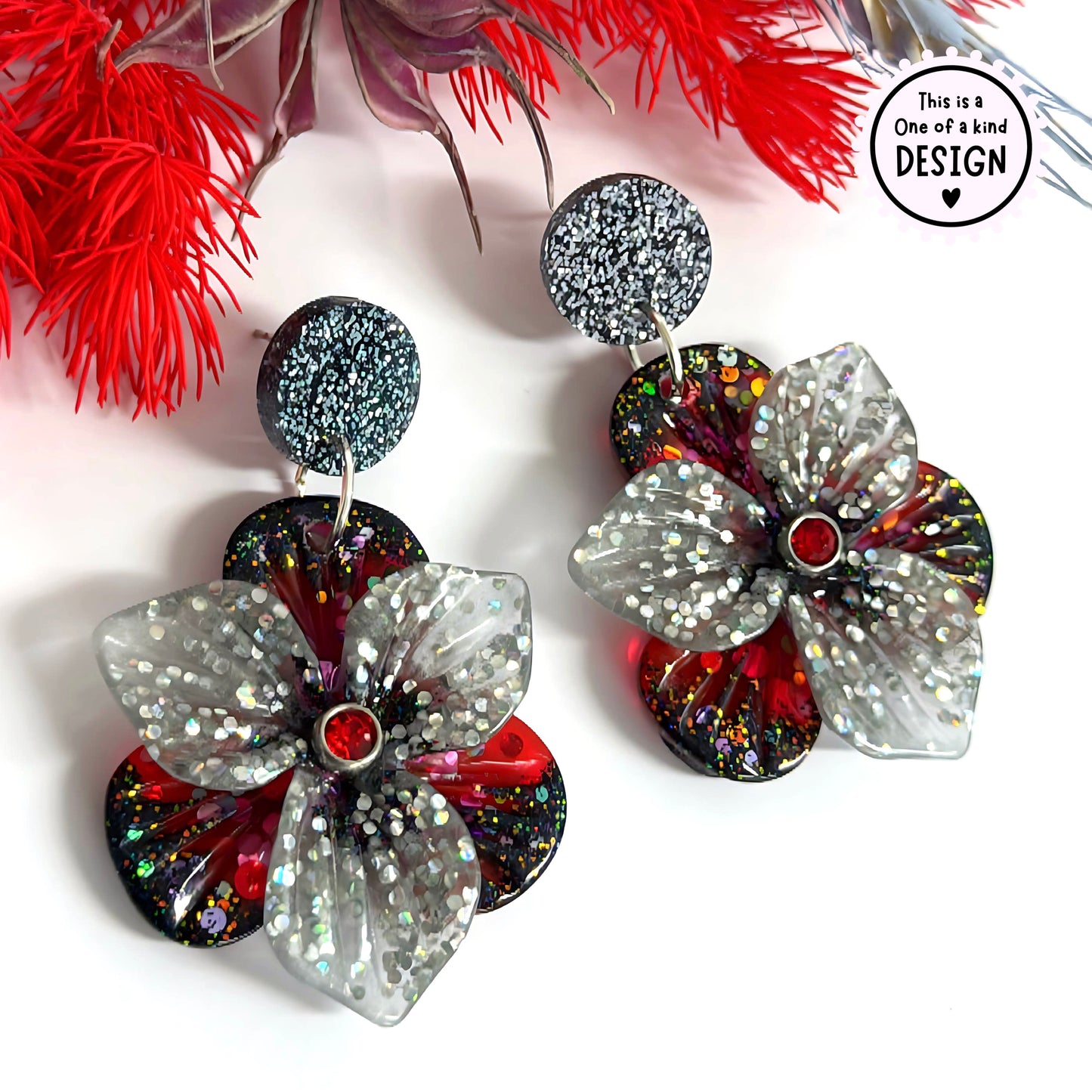 One of a Kind : 3D PANSIES with handset Swarovski centres : Handmade Resin DROP Earrings