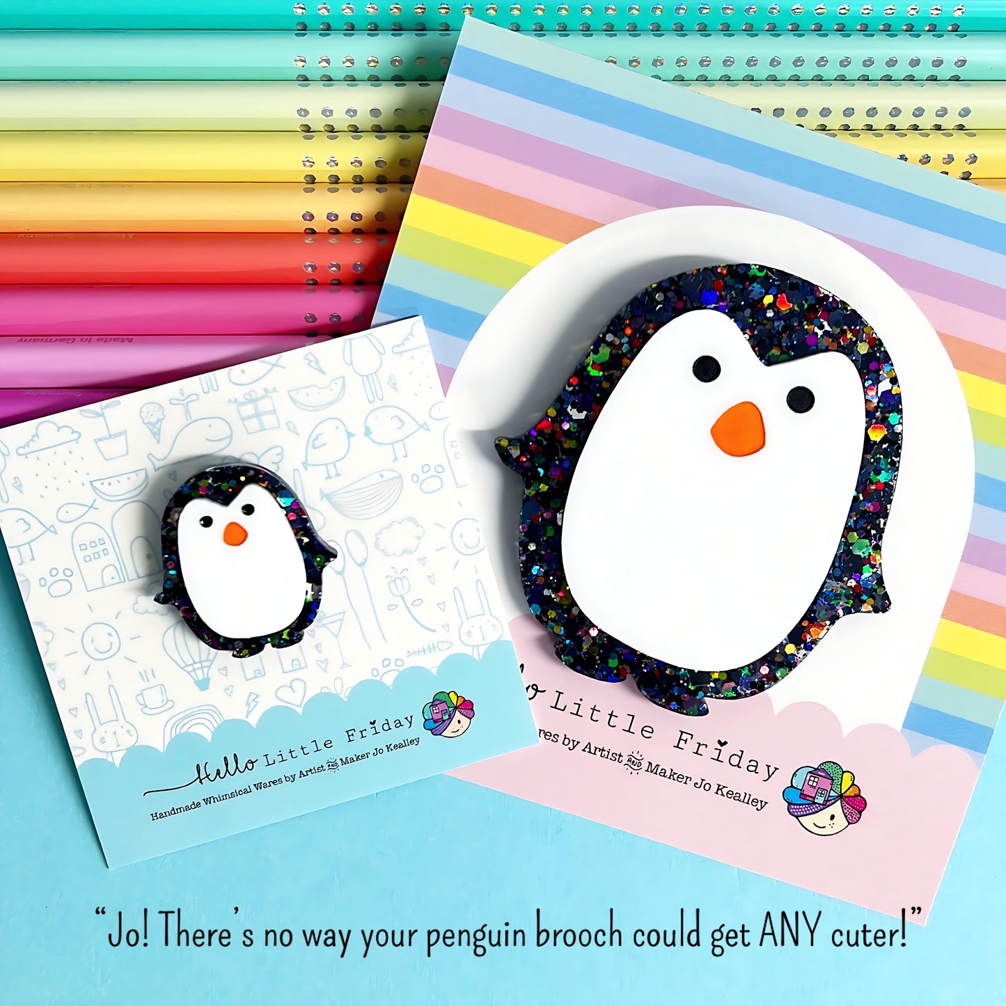 HELLO LITTLE PENGUINS : DAZZLING RAINBOW : Handmade Resin Mini Pin or Statement BROOCH