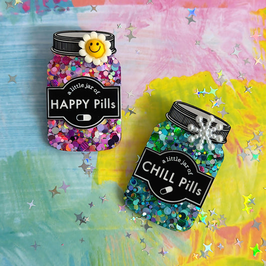 LIMITED EDITION : A LITTLE JAR OF : HAPPY PILLS or CHILL PILLS : Handmade Resin & Acrylic BROOCH