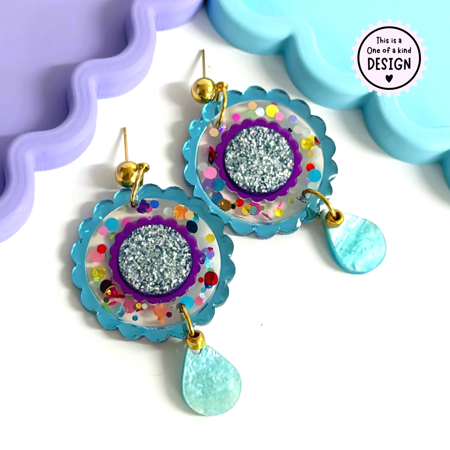 One of a kind : POLKA DOT RAINBOWS : Handmade Resin & Acrylic DROP Earrings