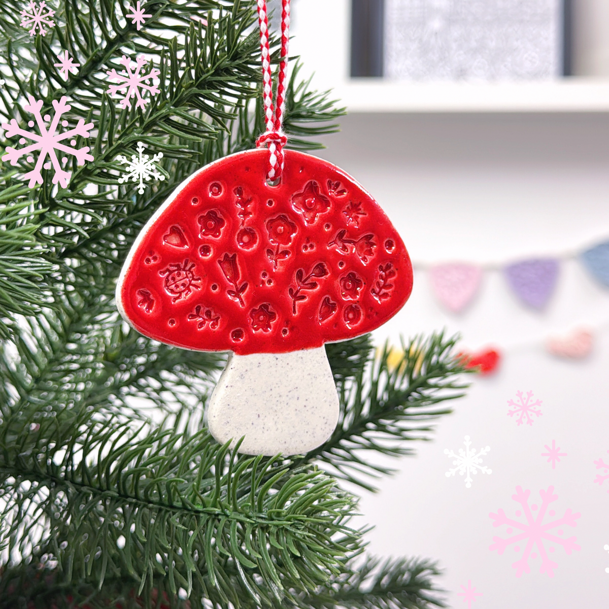 Woodland Toadstool large Ornament : Scarlet red ~ Handmade Ceramic Ornament by Jo Kealley