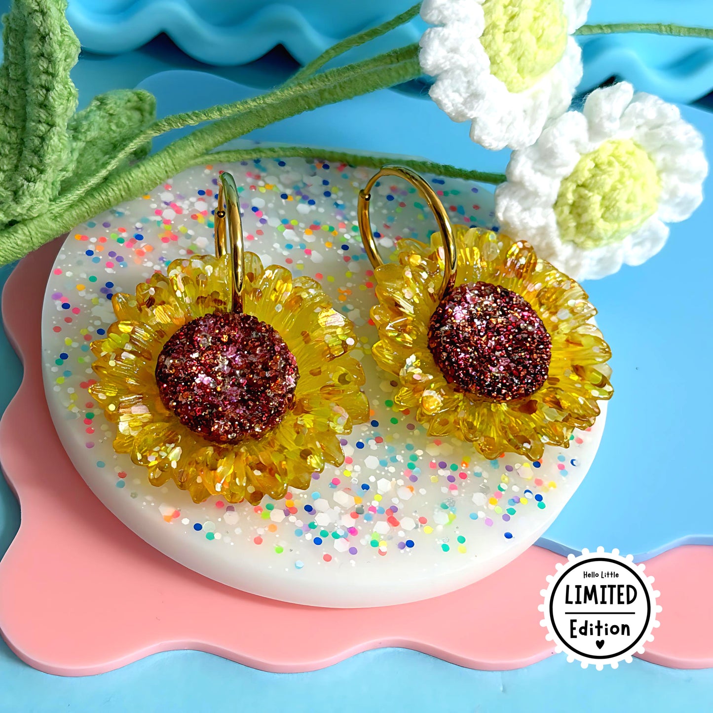 GOLDEN SUNFLOWERS : Handmade Resin DROP Earrings on Huggie Hoops