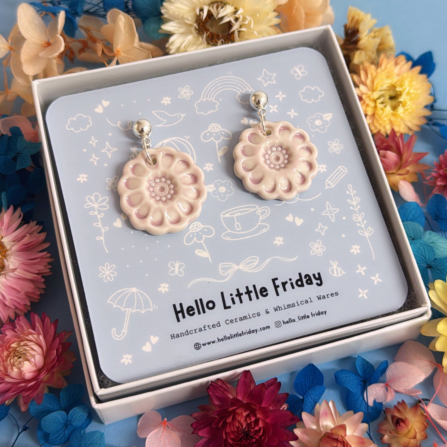 One of a kind : FORGET-ME-NOTS Blush Pink ~ PORCELAIN Drop Earrings by Jo Kealley
