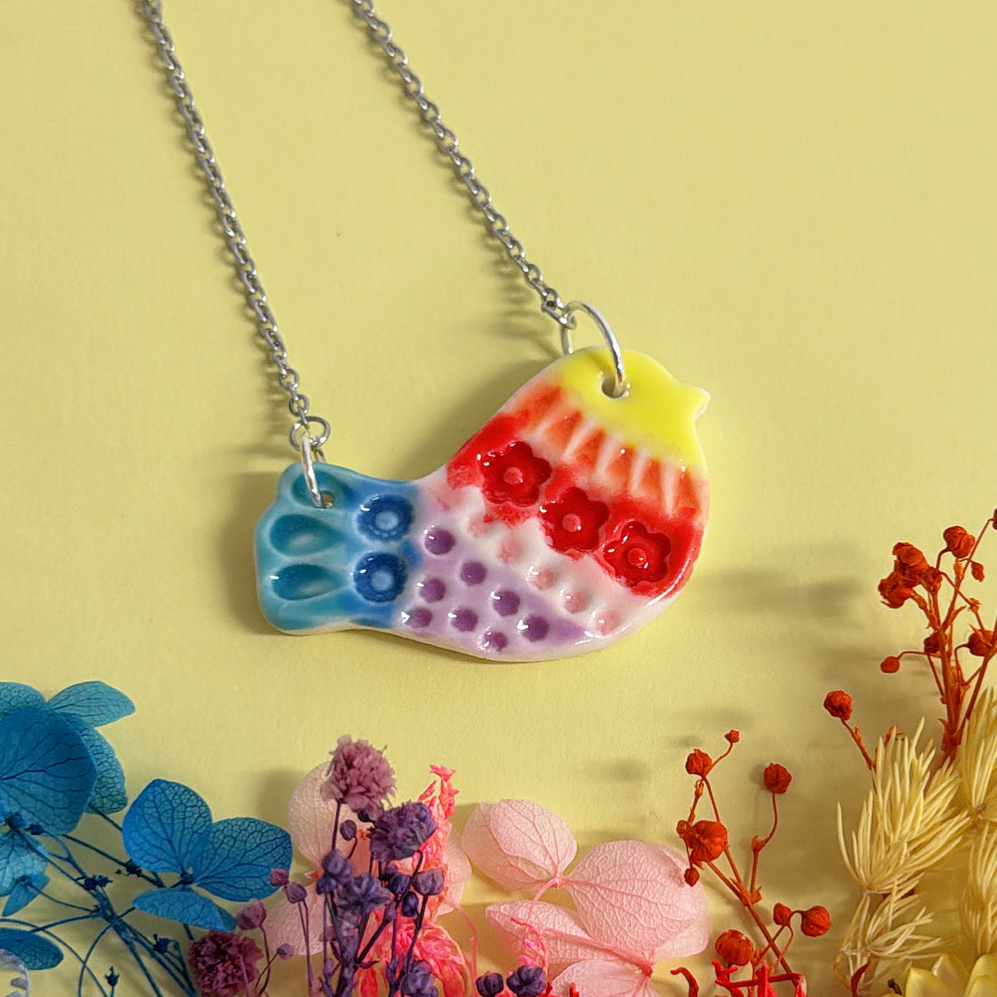 RAINBOW BLUEBIRD ~ One of a kind : Small Porcelain Pendant handmade by Jo Kealley