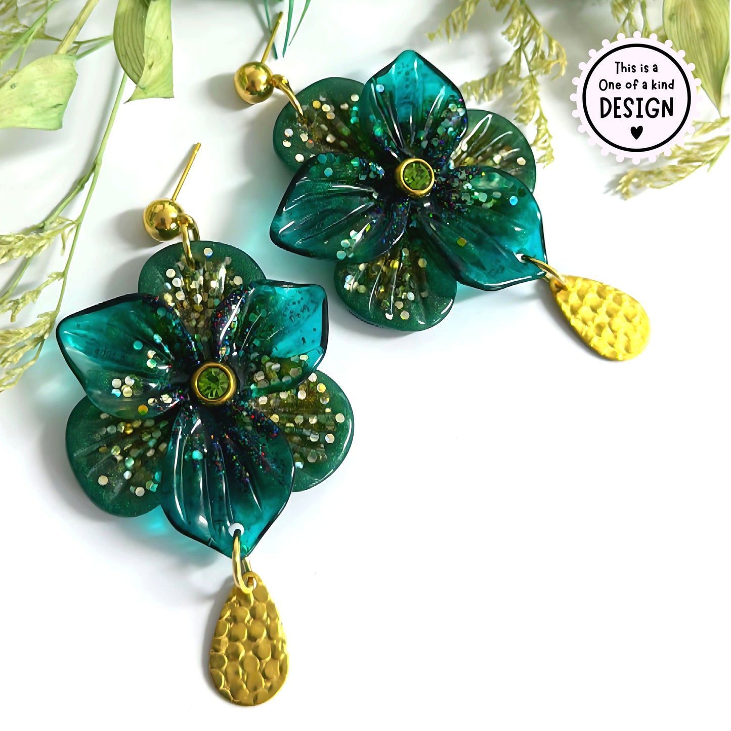 One of a Kind : 3D PANSIES with handset Swarovski centres : Handmade Resin DROP Earrings